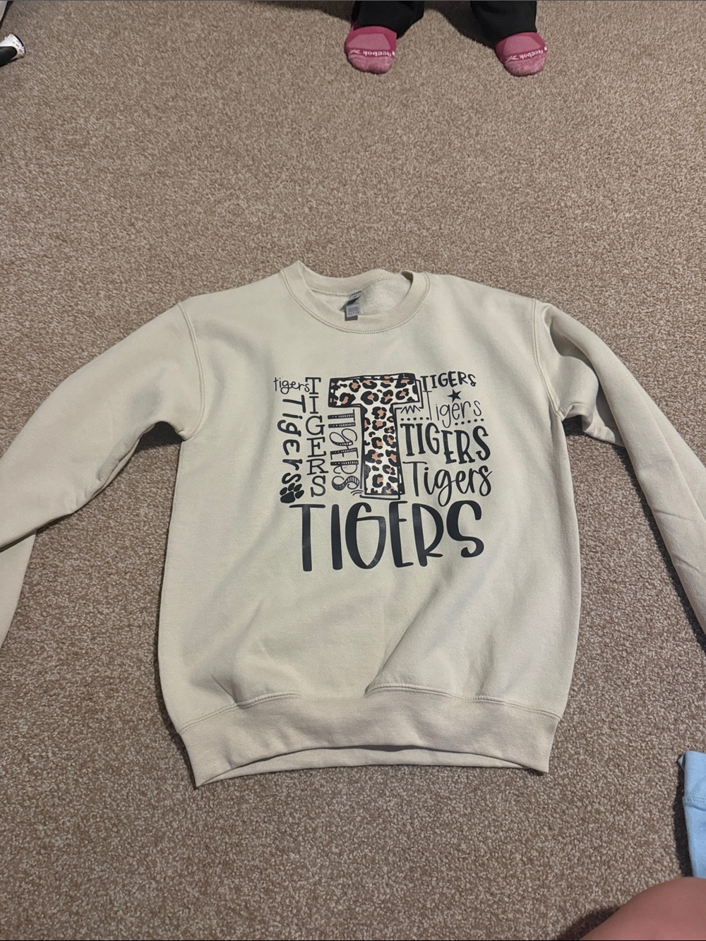 Gildan Cream Crewneck Sweatshirt with Black & Leopard 'TIGERS' Graphic